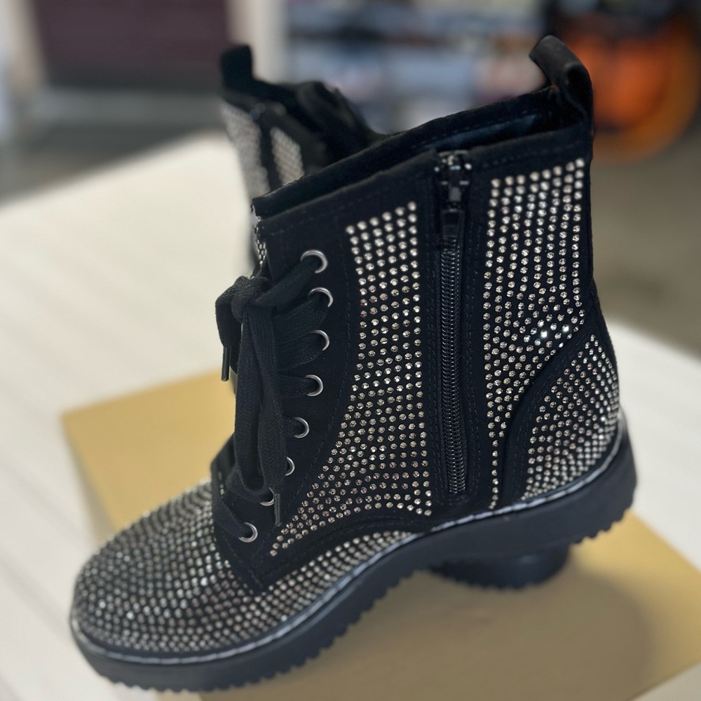 MADDEN GIRL Kurro Bedazzled Black Combat Boots Women Size 6.5 - Picture 1 of 8